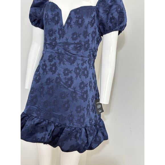 NWT Lulus Dress Women’s L Blue Floral Jacquard Lace Up Back Puff Sleeve Ruffle - Picture 5 of 13